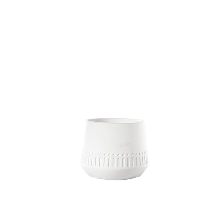 URBAN TRENDS COLLECTION Cement Round Pot with Debossed Banded Tribal  Tapered Bottom Design Painted White Small 53621